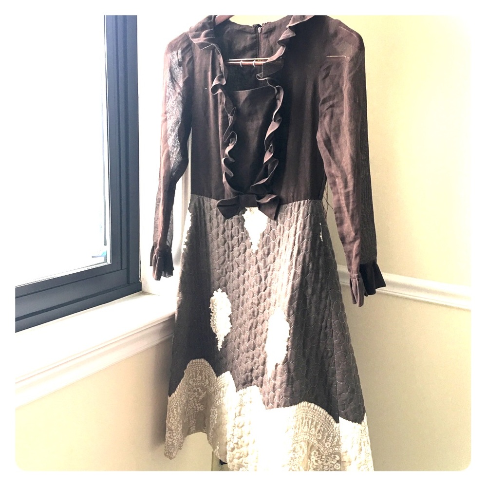 Victorian vintage ruffle bow quilt brown dress - Picture 8 of 8